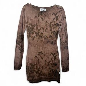 One Teaspoon Brown Long Sleeve Mini Dress Boho Grunge Faded Leaf Print S NWOT